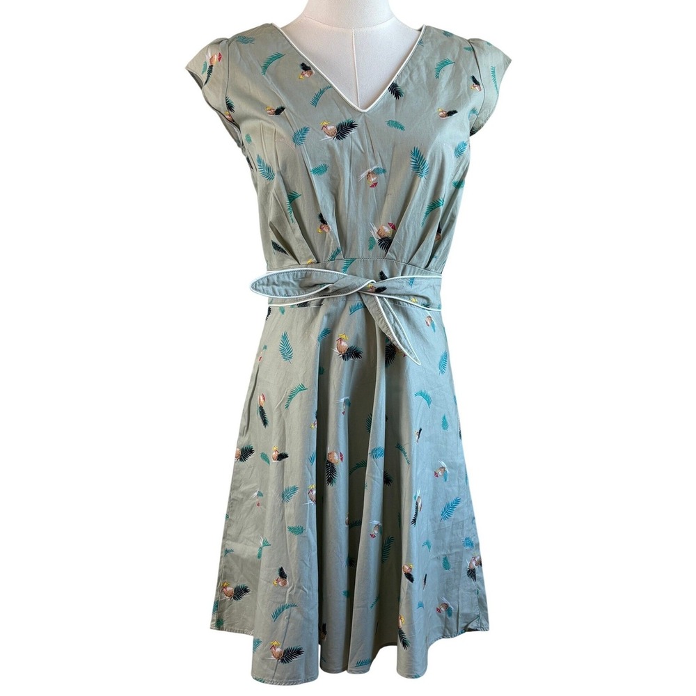 Trollied Dolly Dress Sage Green Womens Medium Tropical Coconut Retro Fit & Flare